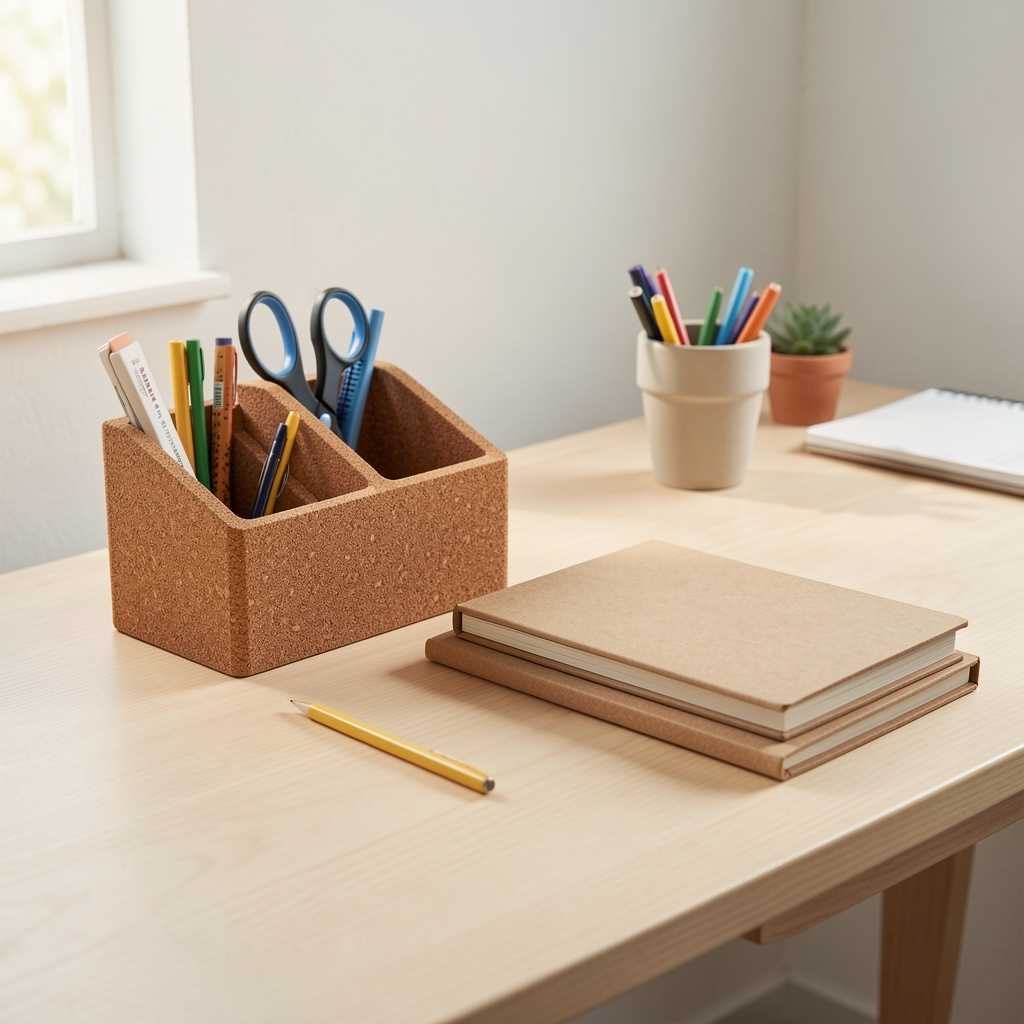 Accesorios de oficina sostenibles como organizadores de corcho y cuadernos reciclados sobre mesa clara sin personas