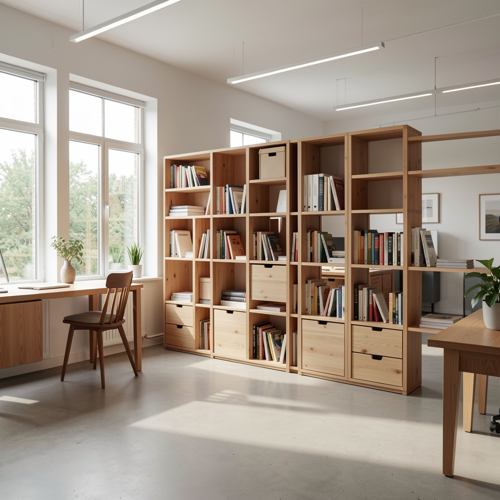 Módulos de almacenamiento de madera certificada organizados en una oficina luminosa sin personas