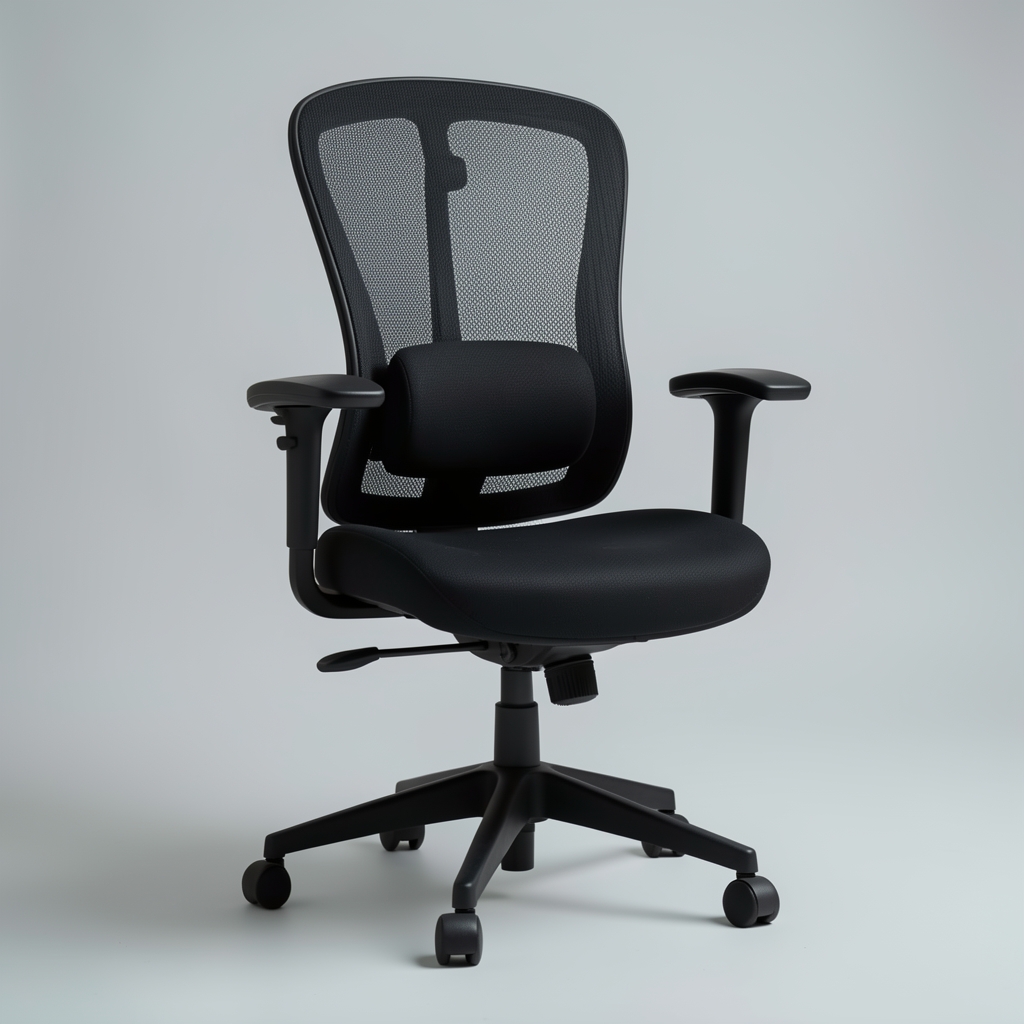 Silla ergonómica negra con soporte lumbar regulable en fondo gris claro