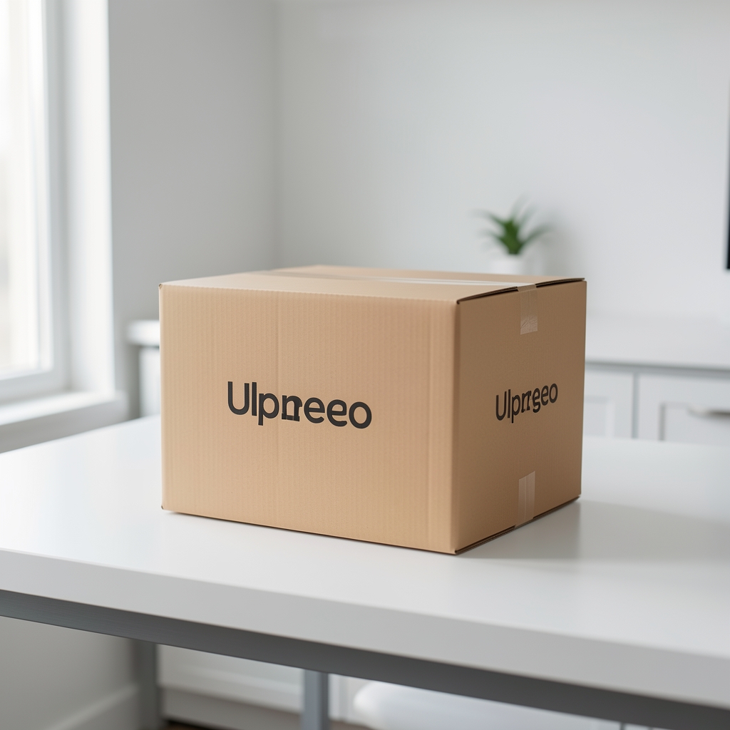 Caja de envío reciclable de Ulprego protegida sobre mesa clara sin personas