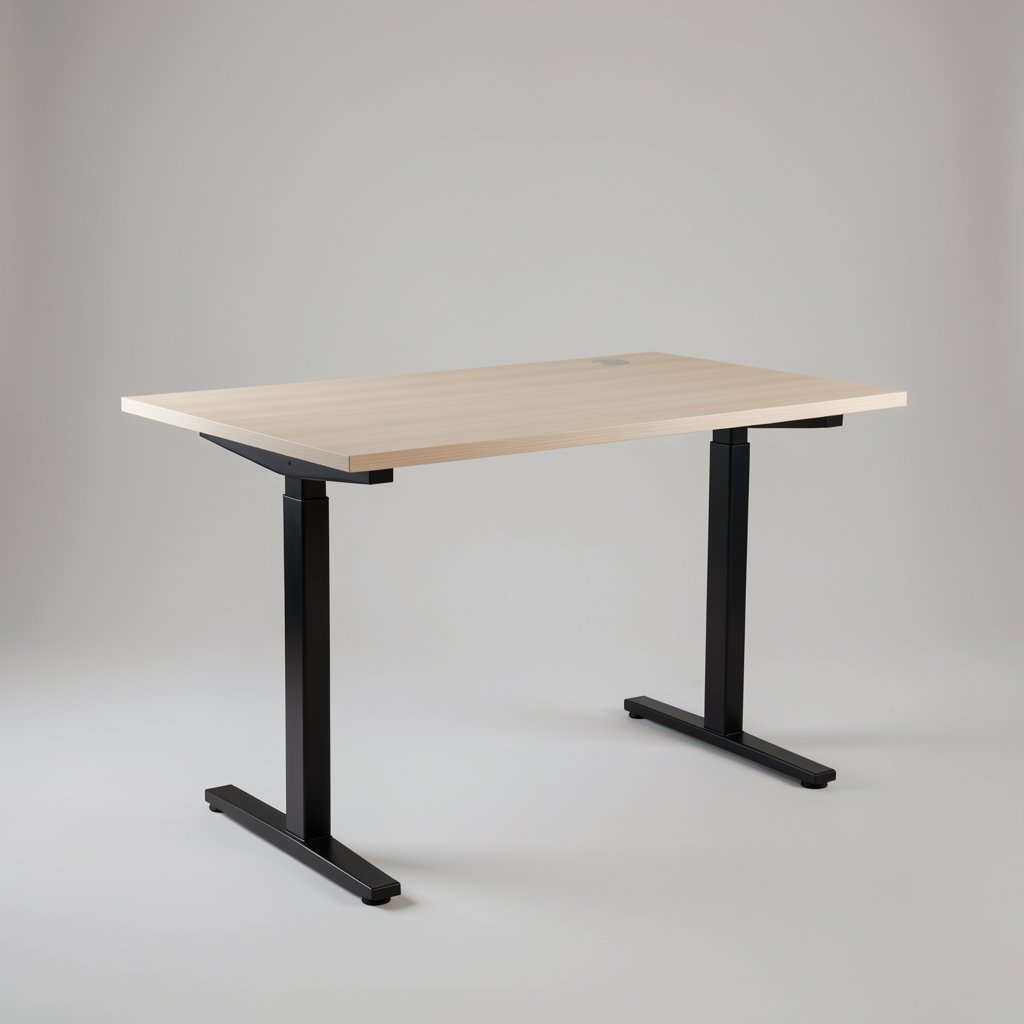 Escritorio ajustable de madera clara con estructura negra en estudio neutro