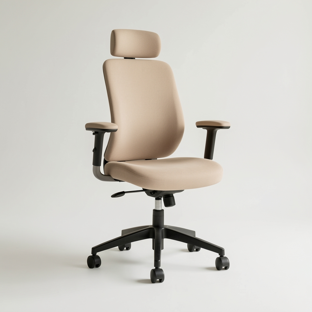 Silla ergonómica beige de diseño contemporáneo sobre fondo claro minimalista sin personas