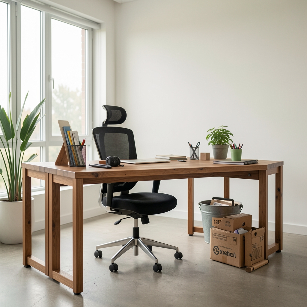 Composición de oficina moderna con escritorio de madera, silla ergonómica y accesorios reciclados sin personas