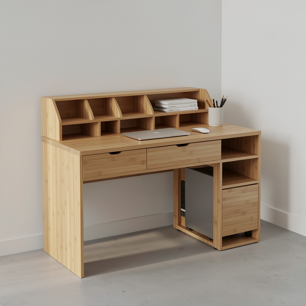 Organizador modular de escritorio fabricado con bambú natural en ambiente minimalista