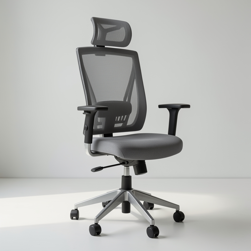 Silla ergonómica gris con respaldo de malla y apoyabrazos regulables en estudio minimalista sin personas