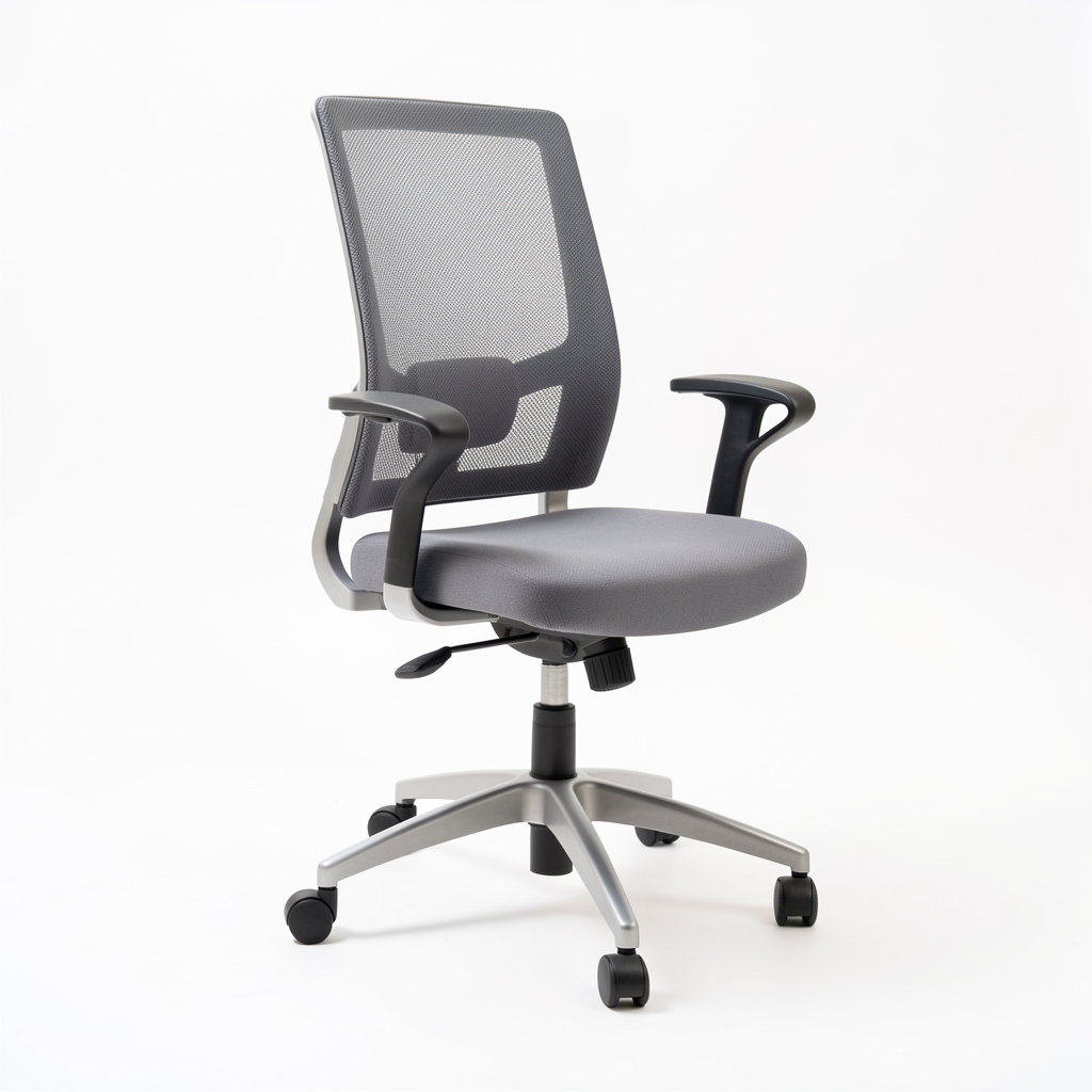 Silla de oficina gris con respaldo de malla y base metálica sobre fondo blanco