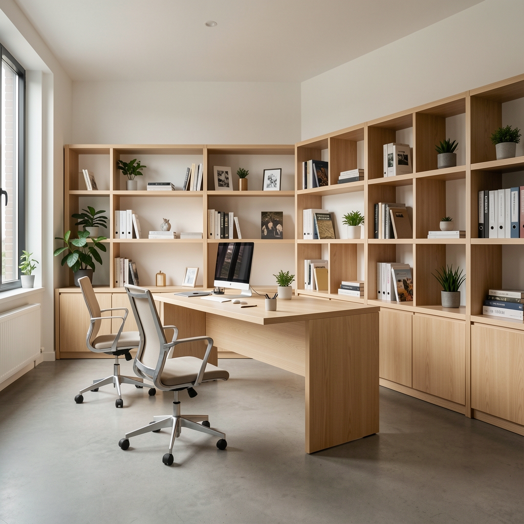 Interior de oficina contemporánea con muebles de madera clara y accesorios organizados sin personas